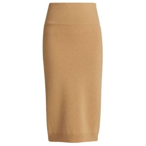 NWT SAKS FIFTH AVENUE Cashmere Skirt M Pencil Midi Pull On Camel Sweater Knit - Picture 2 of 6